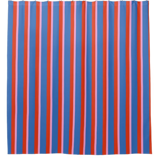 Cortina De Ducha Bright Blue Red Pink Retro Stripe Pattern (Anverso)