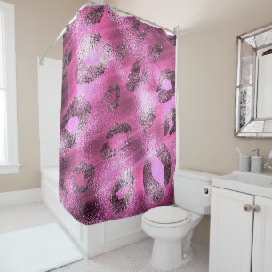 Cortina De Ducha Brillante Rosa y Negro Estampado Glam Leopardo Gue