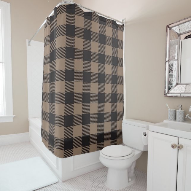 Cortina De Ducha Brown Black Gingham Buffalo Plaid Farmhouse (In situ)
