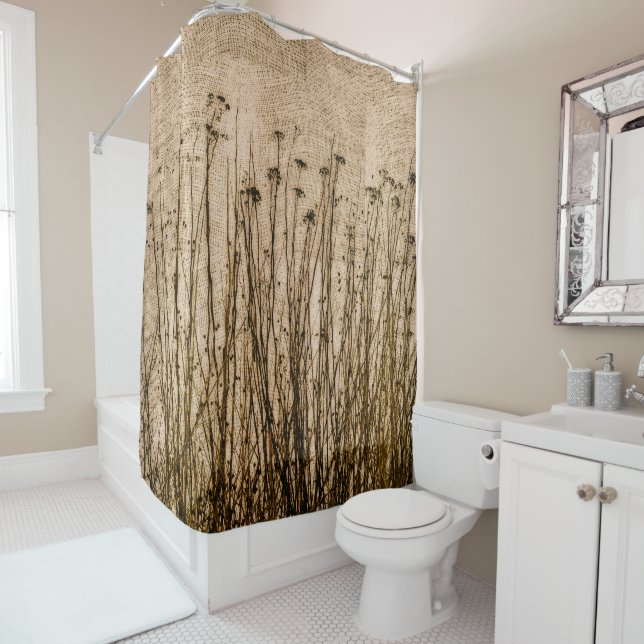 Cortina De Ducha Brown Tan Dried Plants Primitive Gingham Rustic (In situ)