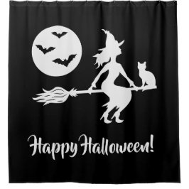 Cortina De Ducha Bruja En Una Escoba Negro Y Blanco Feliz Halloween