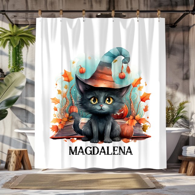 Cortina De Ducha Bruja otoñal del gato negro de Halloween (Subido por el creador)
