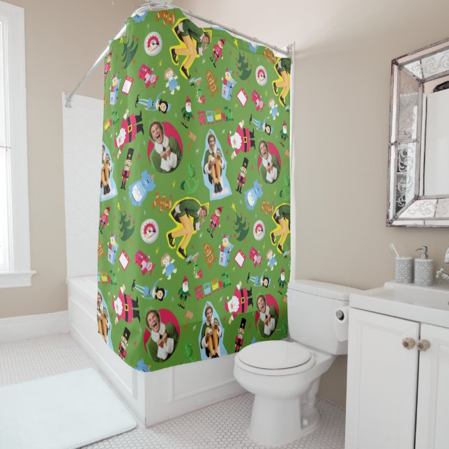 Cortina De Ducha Buddy the Elf and Navidades Icons Pattern (In situ)