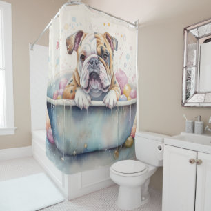 Cortina De Ducha Bulldog En Bañera Watercolor Perro Arte