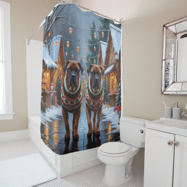 Cortina De Ducha Bullmastiff Dogs Christmas Snow Holiday  (In situ)