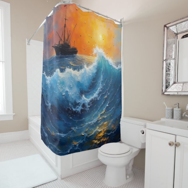 Cortina De Ducha Buque de pesca al amanecer en el océano (In situ)