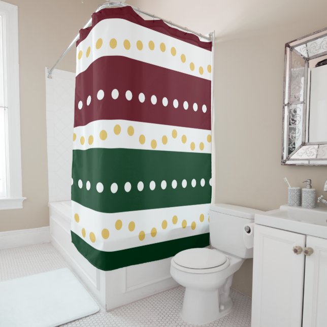 Cortina De Ducha Burgundy and Emerald Stripes Polka Dots Christmas  (In situ)