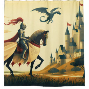 Cortina De Ducha Caballero medieval y castillo de fantasía con wyve