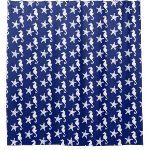 Cortina De Ducha Caballo de mar y pez estrella - azul marino y blan