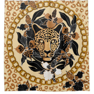 Cortina De Ducha cabeza de leopardo rodeada de orquídeas, cadena do