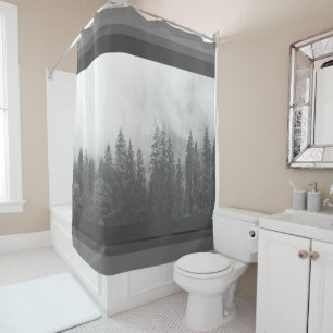 Cortina De Ducha Cabin Moderno de Campo Bosque de Árbol Negro Blanc