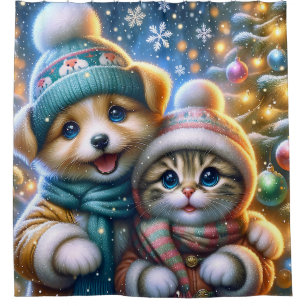 Cortina De Ducha "Cachorro y la primera nevada navideña de gatitos"
