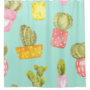 Cortina De Ducha Cacti espinoso en ollas, patrón de acuarela.