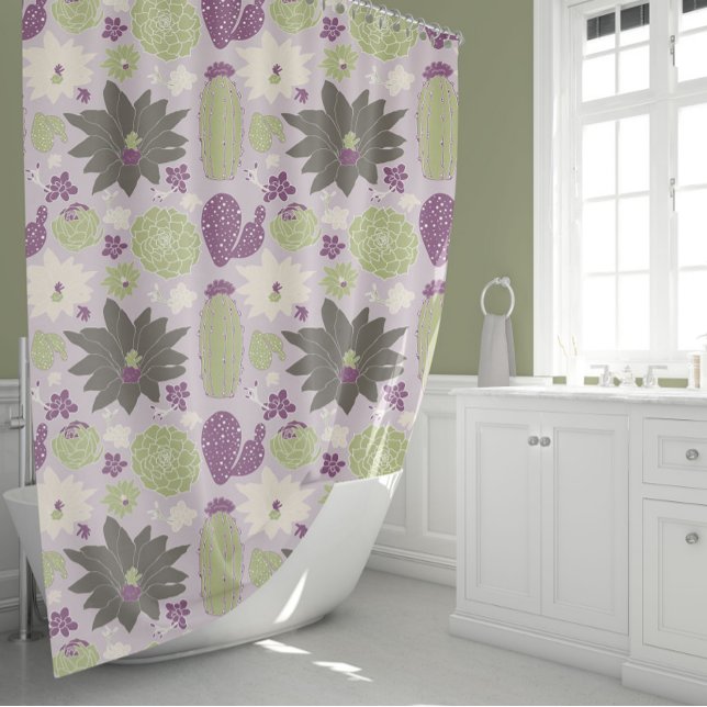 Cortina De Ducha Cactus Succulum Púrpura Floral Verde (Cactus Succulent Purple Green Floral Pattern Shower Curtain from Studio Posies.)