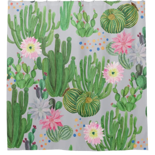 Cortina De Ducha Cactus y flores, pintura acuarela sin costura. (Anverso)