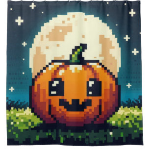 Cortina De Ducha Calabaza de Halloween de 8 bits bajo la luna