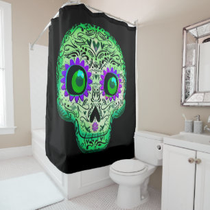 Cortina De Ducha Calavera Azucarera Verde y Morada Brillante Negra