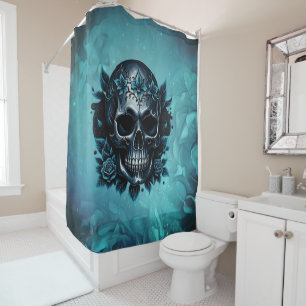 Cortina De Ducha Calavera azul oscuro con rosas.