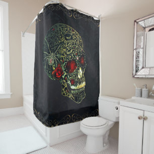Cortina De Ducha Calavera de Araña Joyada y Rosas Glam Filigrana Gó