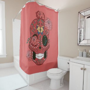Cortina De Ducha Calavera de azúcar rojo coral con marigoles y mari