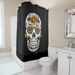 Cortina De Ducha Calavera de azúcar Rosa Amarilla sobre Negro