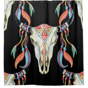 Cortina De Ducha Calavera de búfalo: fondo de color de agua negro.