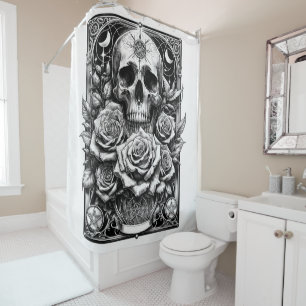 Cortina De Ducha Calavera de Pentáculo Rosas y Cráneo Arte Tarot