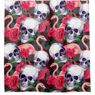 Cortina De Ducha Calavera humana con flamingo y flores rojas rojas 