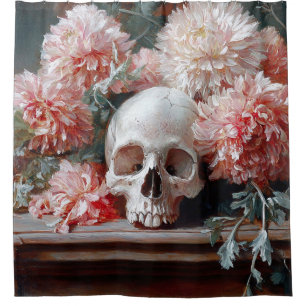 Cortina De Ducha Calavera vintage y flores rosas claras