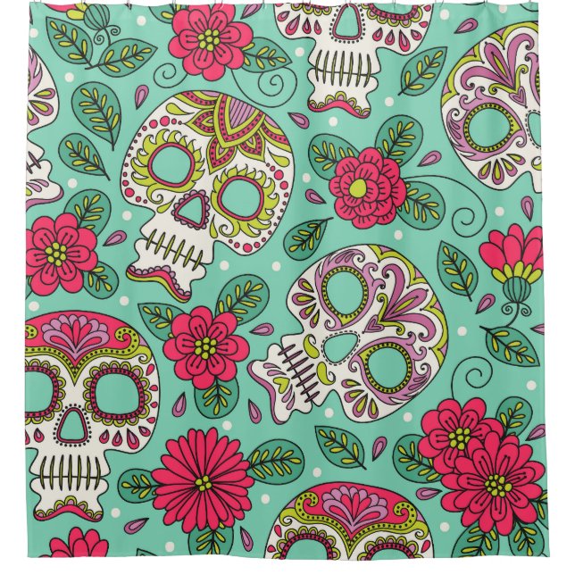 Cortina De Ducha Calavera y flores mexicanas, sin costura. (Anverso)