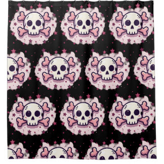 Cortina De Ducha Calavera y Huesos Rosa Pastel