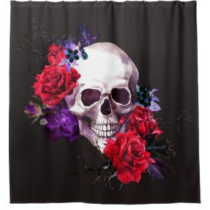 Cortina De Ducha Calavera y Rosas: acuarela floral oscura.