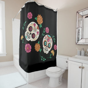 Cortina De Ducha Calaveras de Azúcar y Flores del Día de Muertos Ne
