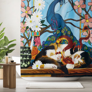 Cortina De Ducha Calico Cat Dragon Red