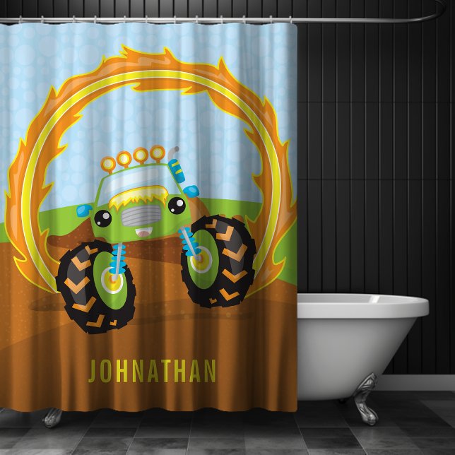 Cortina De Ducha Camión Monstruo Verde Cute Boy Personalizado (Cute Boy Green Monster Truck Personalized Shower Curtain)