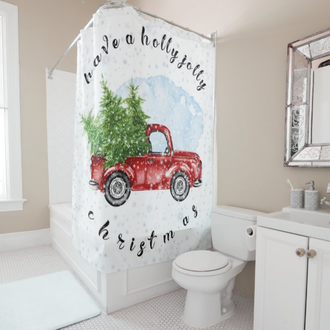 Cortina De Ducha Camión rojo de época tiene Navidades holly jolly (In situ)