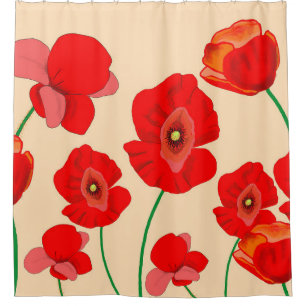 Cortina De Ducha Campo de flores de amapola roja sobre fondo beige