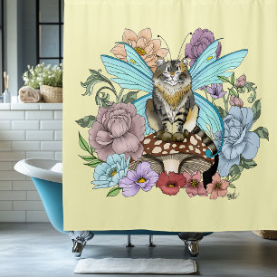 Cortina De Ducha Caprichosa gata tabby hada floral fantasía pastel