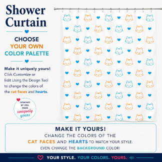Cortina De Ducha Caras de gato y corazones lindos kawaii azul naran
