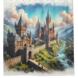 Cortina De Ducha Castillo medieval en un paisaje montañoso