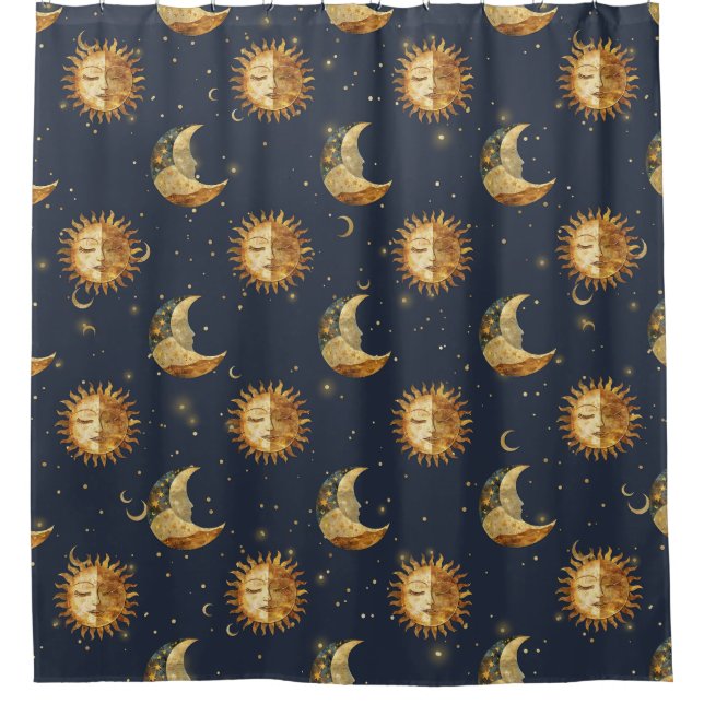 Cortina De Ducha Celestial Sun & Moon Gold Starry Night Pattern (1) (Anverso)