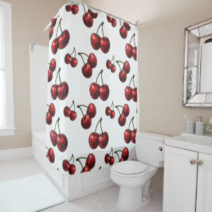 Cortina De Ducha Cerezas Rojas Brillantes Blanco Retro Glam
