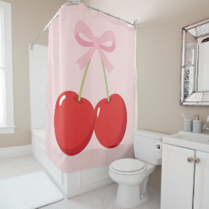 Cortina De Ducha Cerezas Rojas con Lazo Rosa Coquette Estilo Cottag