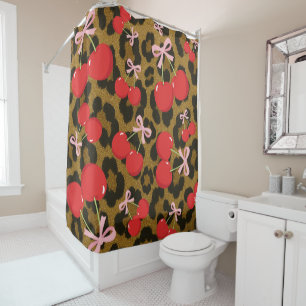 Cortina De Ducha Cerezas Rojas con Lazo Rosa Estampado de Leopardo
