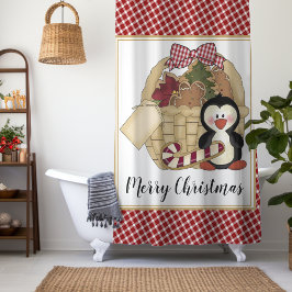 Cortina De Ducha Cesta de ferias navideñas pingüinas retro