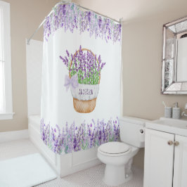 Cortina De Ducha Cesta de flores de lavanda con monograma verde púr