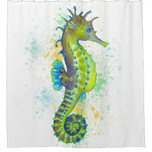 Cortina De Ducha Chapoteo del Seahorse del verde amarillo