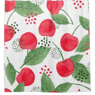 Cortina De Ducha Cherry Berries Vintage, Watercolor Seamless.