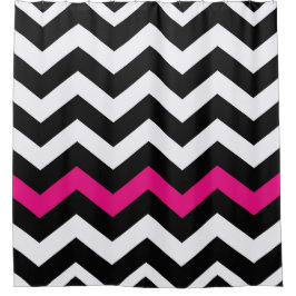 Cortina De Ducha Chevron blanco y negro con acento rosa caliente