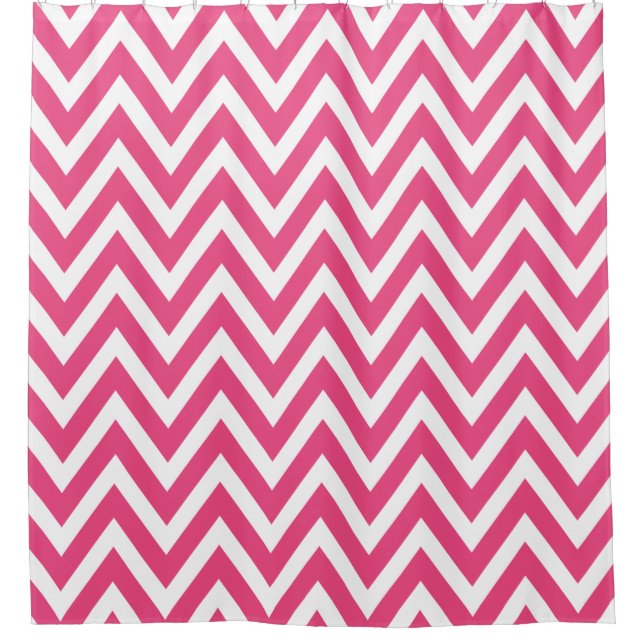 Cortina De Ducha Chevron blanco y rosado caliente (Anverso)